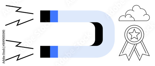 Business strategy, success, achievement goals, attraction, magnetism, motivation. A magnet with lightning bolts pulling an award and a cloud. Success and business strategy concept