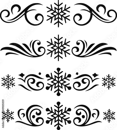 Black snowflake and swirl decorative borders winter