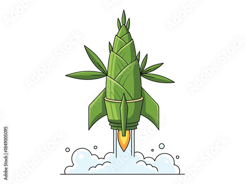 A cartoon illustration of a bamboo shoot shaped like a rocket launching into the sky with smoke and fire.