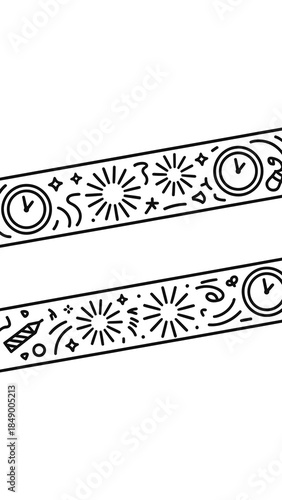 Countdown to Celebrations: Minimalist, illustrative bands showcase stylized clocks, bursts, and playful elements, symbolizing time's passage and joyful moments.