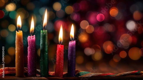Five vibrantly colored, melting candles burn brightly against a dark, abstract background of colorful light reflections