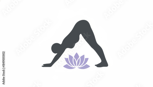 Silhouette of a person in a downward dog yoga pose. Minimalist wellness and fitness icon with a lotus flower. Simple flat vector graphic isolated on a white background