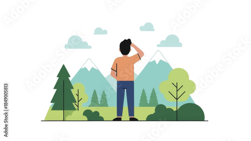 Man looking at a scenic mountain landscape. Nature travel and exploration concept. Modern flat design vector illustration