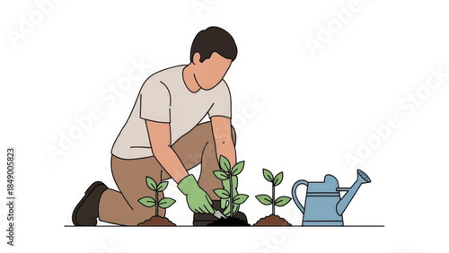 Person gardening and planting seedlings in soil. Flat design vector illustration of a gardener at work. Horticulture and sustainability concept