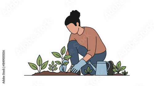 Illustration of a person gardening and planting a seedling. Minimalist flat design character for environmental and sustainability concepts. Vector graphic isolated on white background