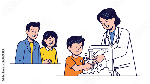 Doctor and Family Washing Hands: A caring doctor assists a young patient in properly washing hands, while the parents watch, symbolizing the importance of health and hygiene.