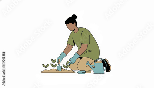 A vector illustration of a person gardening. Woman planting seedlings with a trowel. Flat, minimalist design for sustainability and hobby concepts
