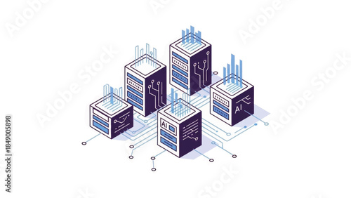 Isometric illustration of an AI and big data server network. Cloud computing and data center technology concept. Modern vector graphic for data analysis