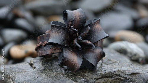 Handcrafted leather adornment fashioned into a stylized flower rests on wet stone outdoors
