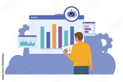 Man analyzing financial data with AI technology. AI robot assistant for data analysis, stock trading and investment