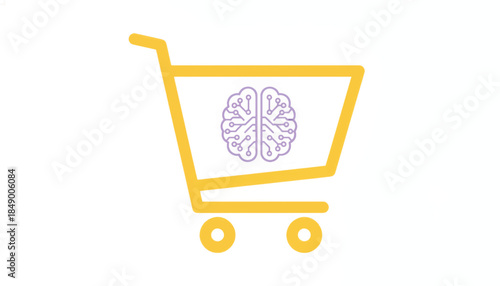 AI shopping cart icon with a circuit brain. Flat vector illustration for smart retail and neuromarketing. Consumer psychology symbol