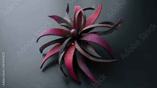 Sculptural accessory featuring deep crimson and black layered petals rests against a dark surface.