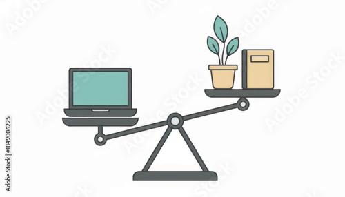 Work-life balance concept with laptop and plant on scale. Comparison of technology and nature. Minimalist flat design vector illustration