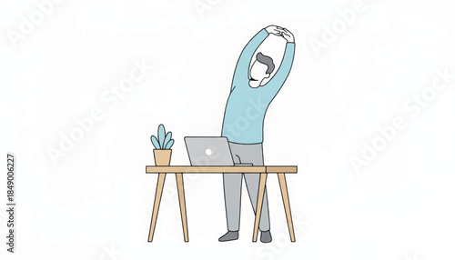 Office worker stretching arms at desk. Man standing and exercising in workplace. Flat design vector illustration for ergonomics and health