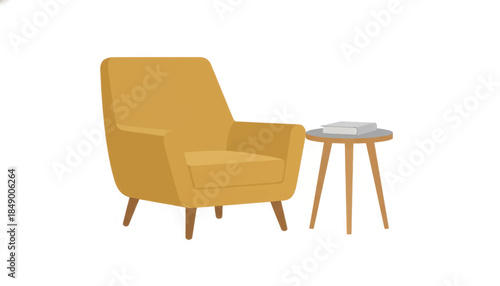 Yellow armchair and side table with book. Minimalist interior design vector illustration. Cozy reading corner concept isolated on white background
