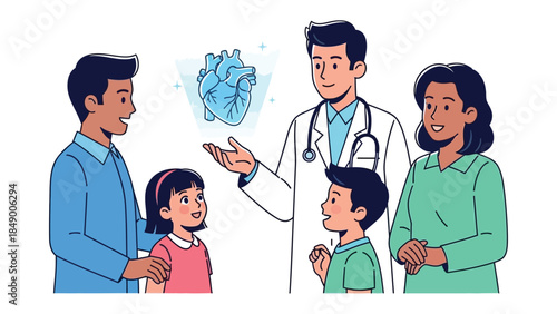 Medical Explanation: A skilled medical professional, with stethoscope, explaining an anatomical heart model to a family, emphasizing health and well-being.
