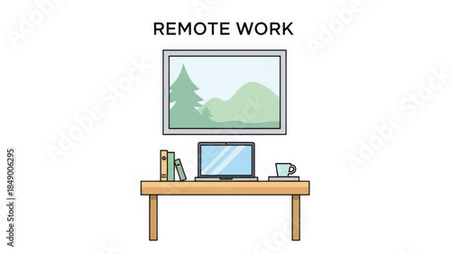 Remote work home office desk with laptop and window view. Workspace with computer, books and coffee cup. Flat design vector illustration