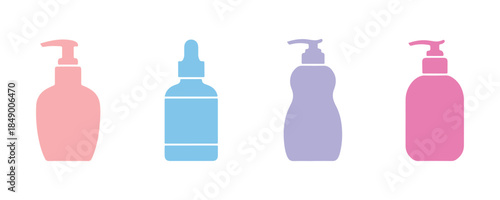 Set of cosmetic plastic bottle icons for packaging design. Vector illustration isolated on a background for the beauty industry, product label pack.

