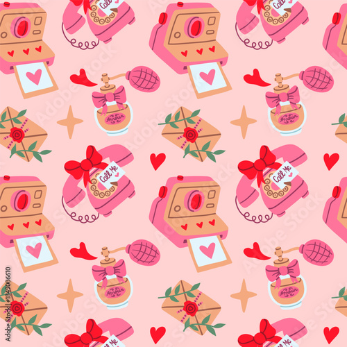 Seamless Valentine pattern with vintage instant camera, rotary phone, perfume bottle, and sealed love letter on soft pink background, perfect for romantic wrapping paper, fabric, and cute stationery.