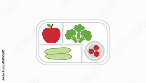 Healthy eating icon with a balanced meal in a lunch tray. Flat design vector illustration of a school lunch. Nutrition and wellness concept isolated on white background