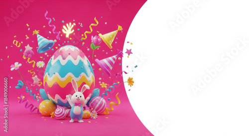 Vibrant Easter Holiday Banner Template with Cute 3D Bunny, Colorful Decorated Egg, Confetti, and Party Hats on Pink Background.