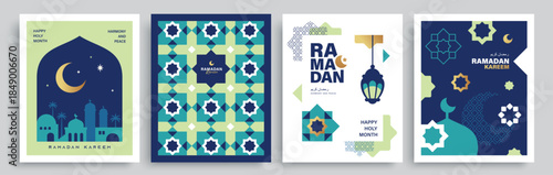 Set of Ramadan Kareem banner, poster, greeting card, cover design with mosque, crescent moon, lantern and typography in flat geometric style.

