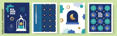 Set of Ramadan Kareem banner, poster, greeting card, cover design with mosque, crescent moon, lantern and typography in flat geometric style.

