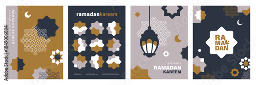 Set of Ramadan Kareem banner, poster, greeting card, cover design with mosque, crescent moon, lantern and typography in flat geometric style.

