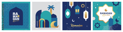Set of Ramadan Kareem banner, poster, greeting card, cover design with mosque, crescent moon, lantern and typography in flat geometric style.

