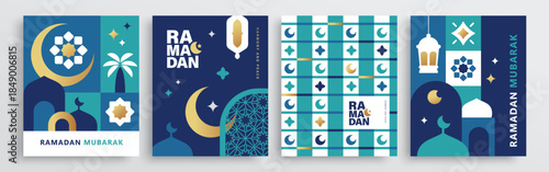 Set of Ramadan Kareem banner, poster, greeting card, cover design with mosque, crescent moon, lantern and typography in flat geometric style.

