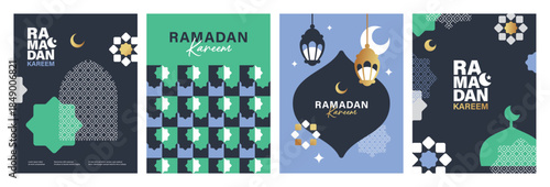 Set of Ramadan Kareem banner, poster, greeting card, cover design with mosque, crescent moon, lantern and typography in flat geometric style.

