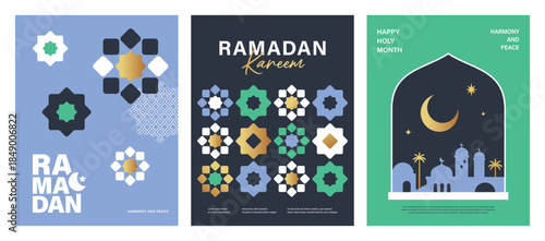 Set of Ramadan Kareem banner, poster, greeting card, cover design with mosque, crescent moon, stars and typography in flat geometric style.

