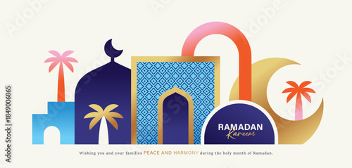 Ramadan Kareem banner, poster, greeting card, cover design with mosque, crescent moon, stars and typography in flat geometric style.

