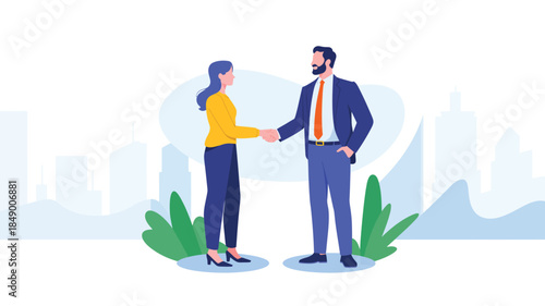 business handshake illustration of two professionals greeting each other, modern flat vector concept for partnership, teamwork, agreement and corporate success