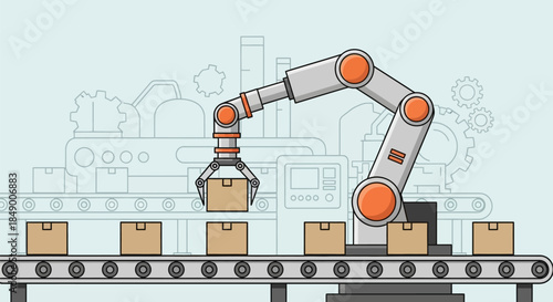 Robot arm picking up a box on a conveyor belt in a factory