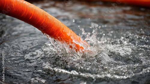 Brightly colored flexible conduit discharges liquid into a churning body of water.