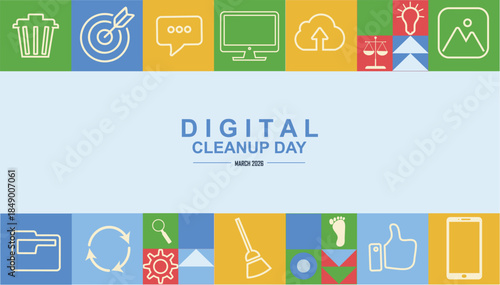Colorful flat banner design promoting Digital Cleanup Day with technology and sustainability icons, ideal for awareness campaigns, web headers and educational content. Vector illustration