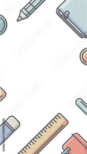 Stationery essentials frame: A collection of various stationery items arranged as a frame. This illustration captures the tools needed to facilitate productivity and artistic creation.