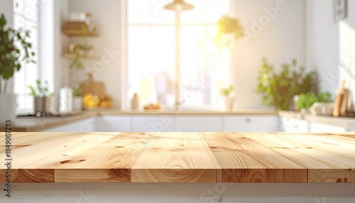 Wooden table foreground, bright kitchen blurred background