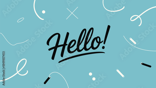 handwritten hello lettering with playful doodle elements on blue background, modern greeting typography illustration for branding, social media and design