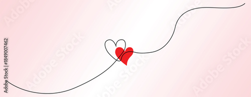 Continuous One Line Drawing of Two Hearts on Pink Gradient Background, Minimalist Love Illustration for Valentine’s Day, Romantic Wedding Invitation Banner, Vector Line Art Design