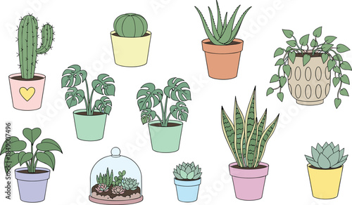 Indoor houseplant vector set featuring cacti, succulents, monstera, aloe, snake plant, and potted greenery for home decor and botanical designs