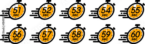 スピード感のある時間を示す時間管理のアイコン（stopwatch icon　51sec/52sec/53sec/54sec/55sec/56sec/57sec/58sec/59sec/60sec）
