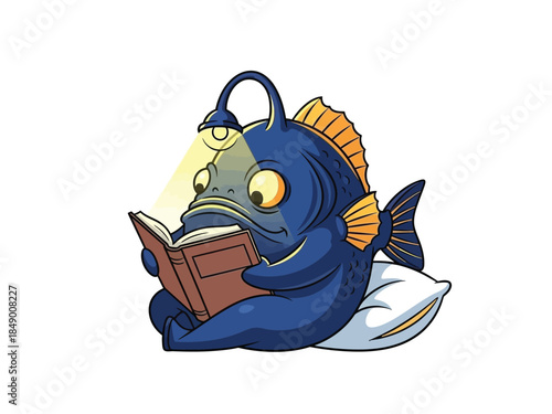 A cute cartoon blue anglerfish with orange fins sitting on a pillow and reading a book, using its bioluminescent lure as a lamp.