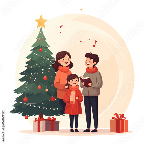 Flat Design Family Singing Christmas Carols by Festive Tree