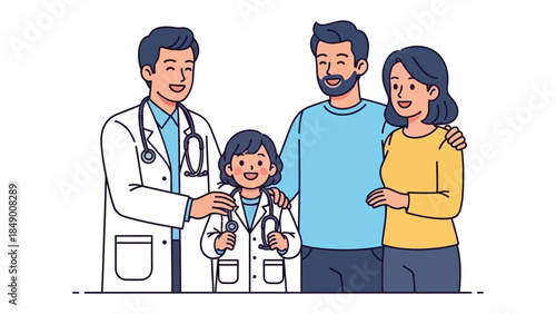 A Medical Moment: In a heartwarming scene, a compassionate doctor stands with a happy family, highlighting health, well-being, and trust in medical care.