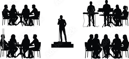 Flat vector silhouette of live performance scene with singer, audience at tables, live band, microphone, entertainment, music, social event