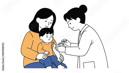 A Mother and Child's Vaccination Journey: A tender moment unfolds as a nurturing mother comforts her child during a vaccination procedure administered by a compassionate medical professional.