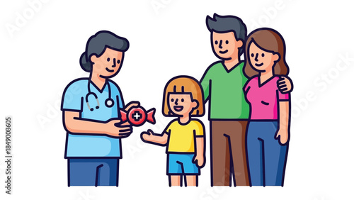 Caring Encounter: A doctor offers a sweet treat to a smiling child, while the supportive family looks on. It is a moment filled with reassurance, care, and the warmth of family bond.