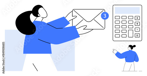 Email management, communication, notifications, digital tools, workplace organization, productivity. Woman holding an envelope with a notification and a calculator nearby. Email management